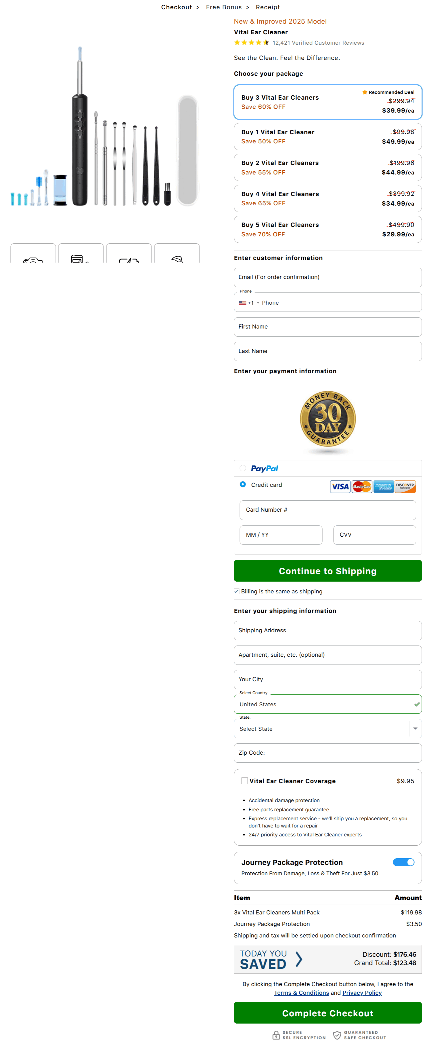 Vital Ear Cleaner checkout page